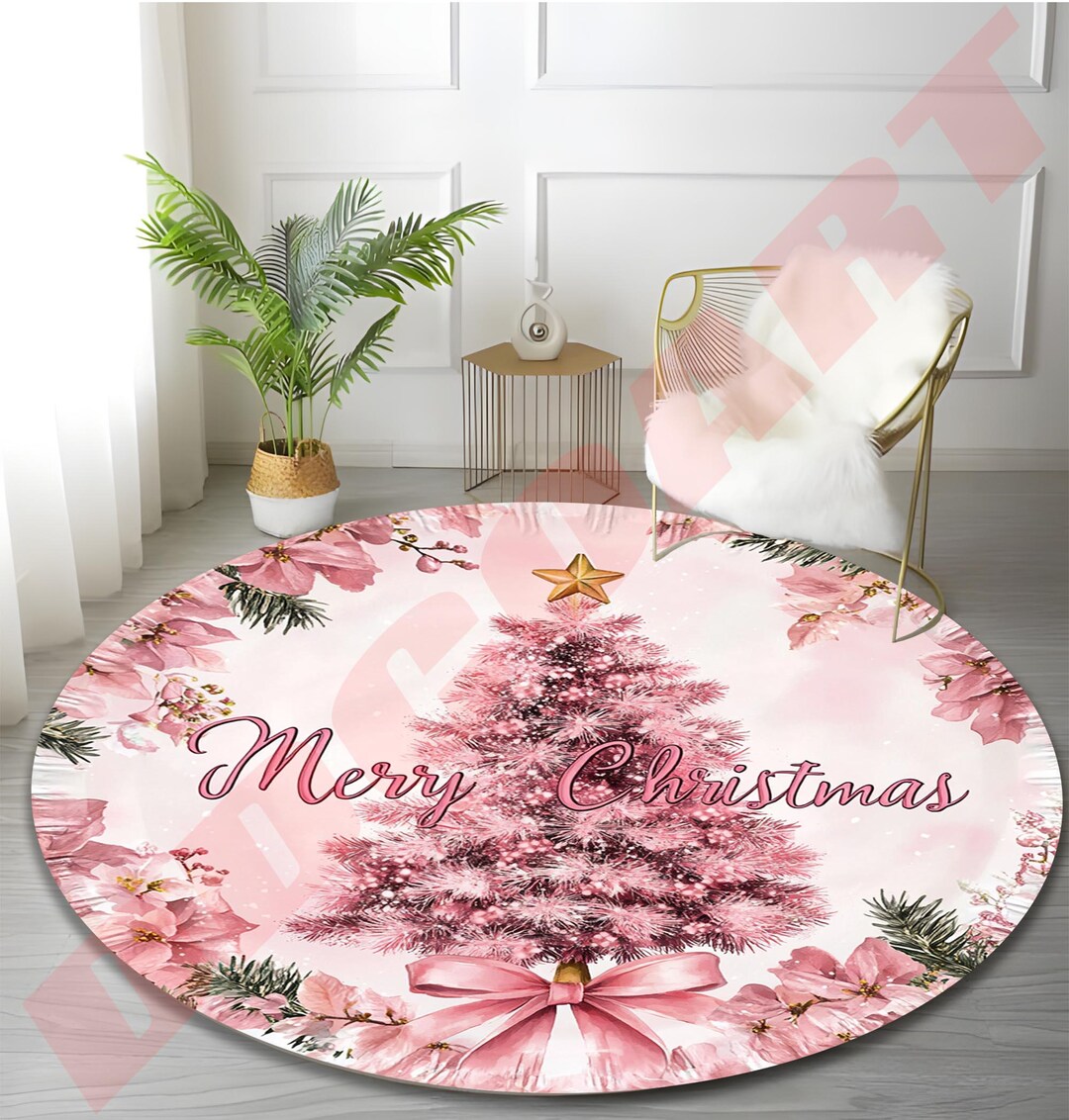 Pink Christmas Tree Round Rug: Floral Holiday Decor - Etsy