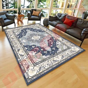 Traditional Persian Style Rug, Vintage Oriental Area Carpet, Classic Boho Floor Mat, Navy Cream Decorative Rug, Elegant Living Room Rug