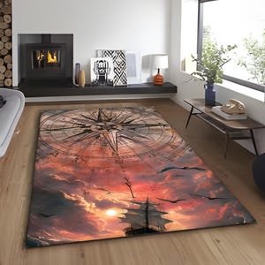 Alfombra con brújula náutica: barco vintage y escena oceánica, decoración costera