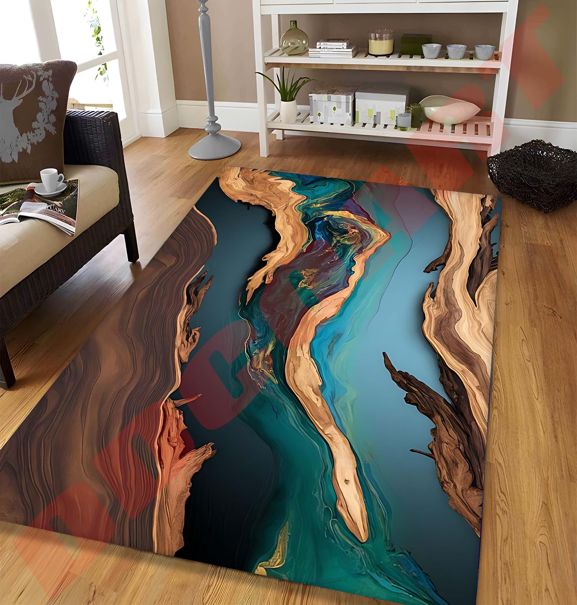Crystalriver Rug Wood & Resin River Rug - Abstract Nature Flow Rug- Unique Epoxy River ...