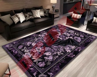 Gothic Bat Rug: Washable Rococo Floral Rug, Goth Home Decor
