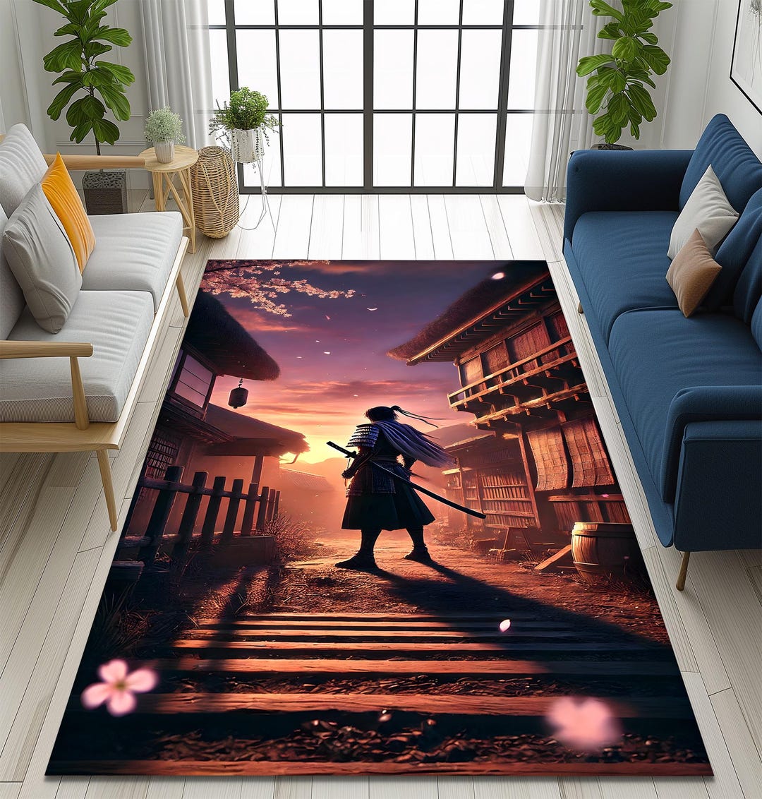 2d Japanese Rug Samurai Anime Rug, Japanese Sunset Temple Carpet, Zen Floor Mat for ...