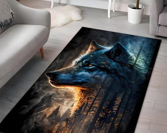 Majestic Wolf Rug: Forest Mountain Animal Theme, Rustic Cabin Decor