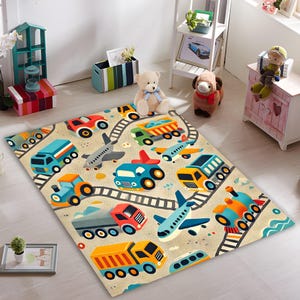 Alfombra divertida con temática de transporte, perfecta para la decoración de la habitación de los niños o la guardería, alfombra con estampado de vehículos coloridos, alfombra interactiva para niños