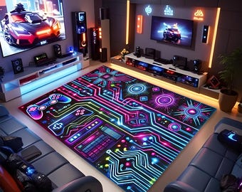 Alfombra de juegos ciberpunk neón: decoración tecnológica futurista para tu habitación