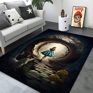 Alice In Wonderland Fantasy Area Rug, Customizable Mad Hatter Wonderland Themed Rug for Living Room, Bedroom, Whimsical Gift, Cozy Decor