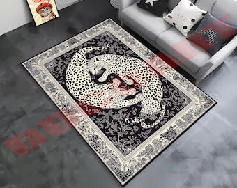 Large Leopard Print Area Rug: Black & White Plush Carpet