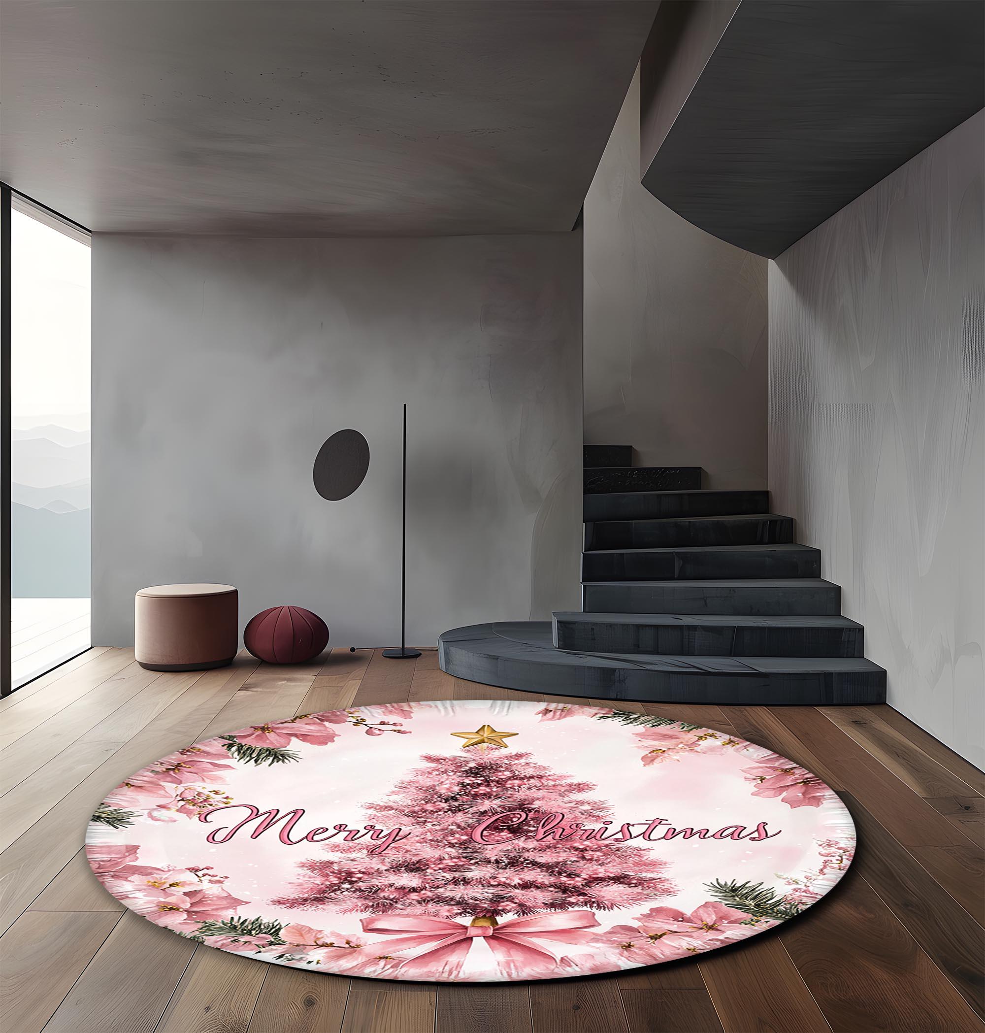 Pink Christmas Tree Round Rug: Floral Holiday Decor - Etsy