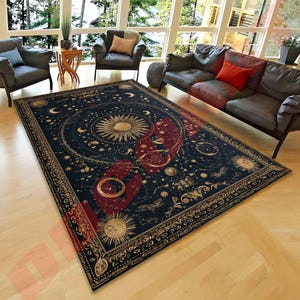 Mystic Celestial Sternzeichen Teppich | Schwarz & Gold Astrologie Teppich | Vintage Star Map Teppich für Witchy Boho-Dekor, beliebter Teppich, Wohnzimmerteppich