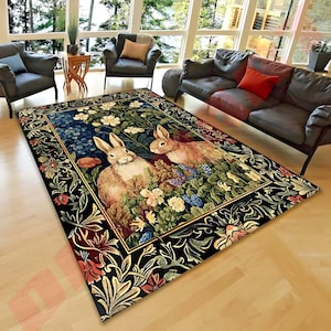 Woodland Room Decor William Morris Inspired Forest Aesthetic Fairycore Bedroom Floral Bunny Victorian Art | Cottagecore Bunnies Spring Rug