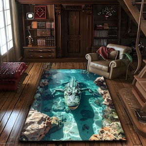 Op de afbeelding: Een rechthoekig vloerkleed met een fotorealistisch ontwerp van een alligator in turquoise water. Het kleed toont de schubben van de alligator en de onderwateromgeving, inclusief koraal en rotsen. Het kleed ligt op een houten vloer.