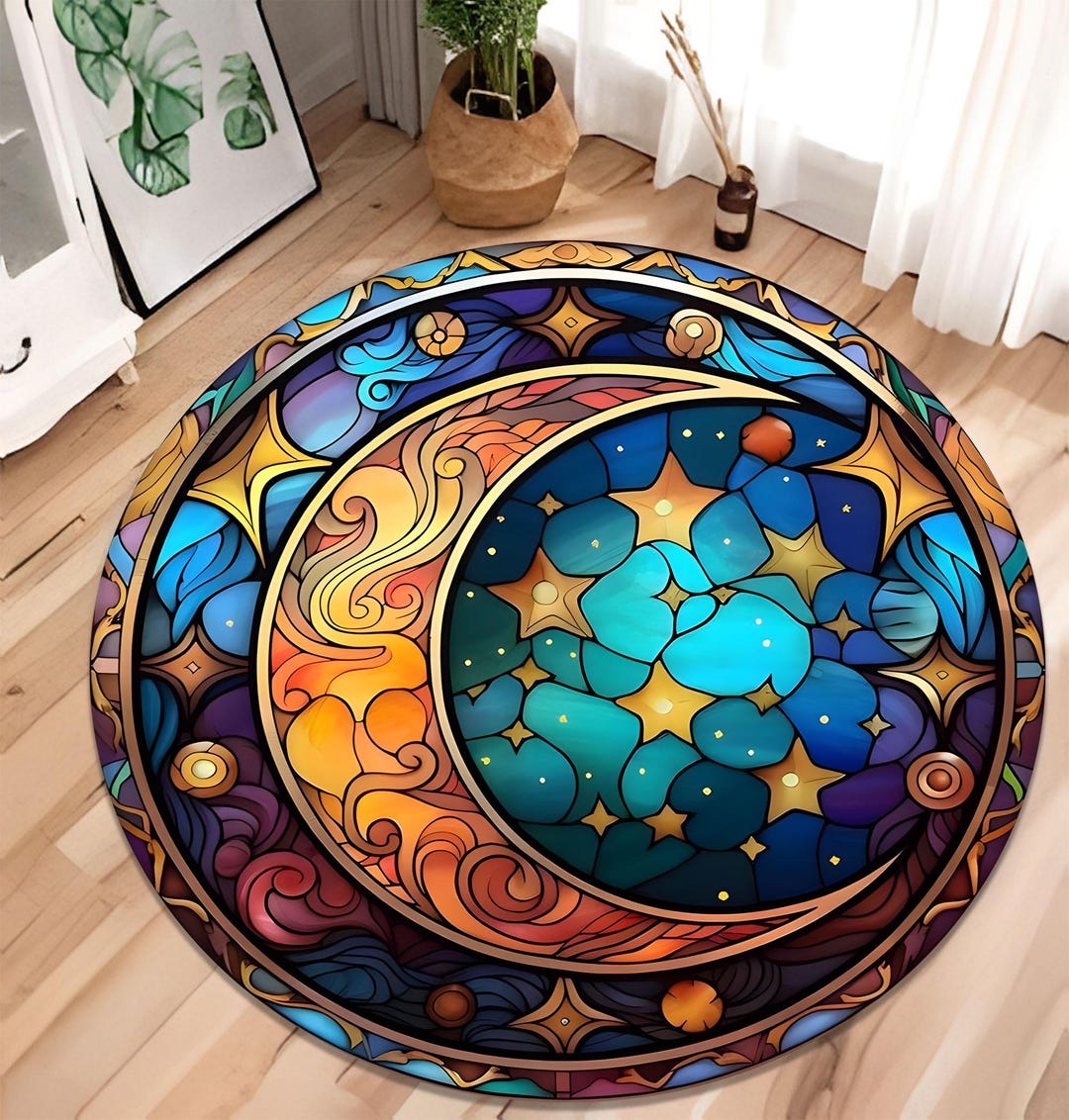 Stained Glass Moon & Stars Round Rug: Boho Celestial Galaxy Carpet - Etsy