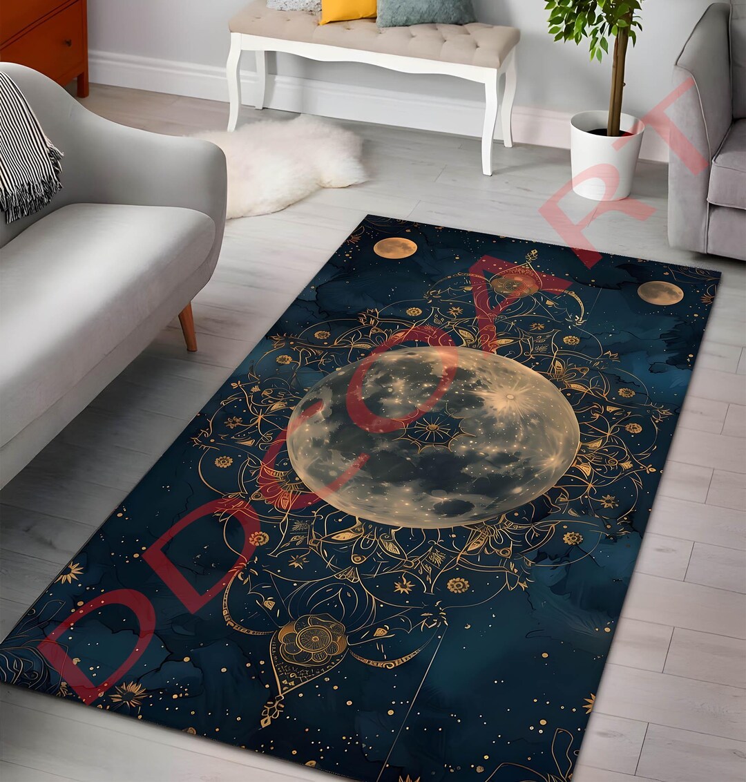 Moon Face Rug Celestial Moon Phase Rug: Mystical Blue Boho Floor Mat - Etsy