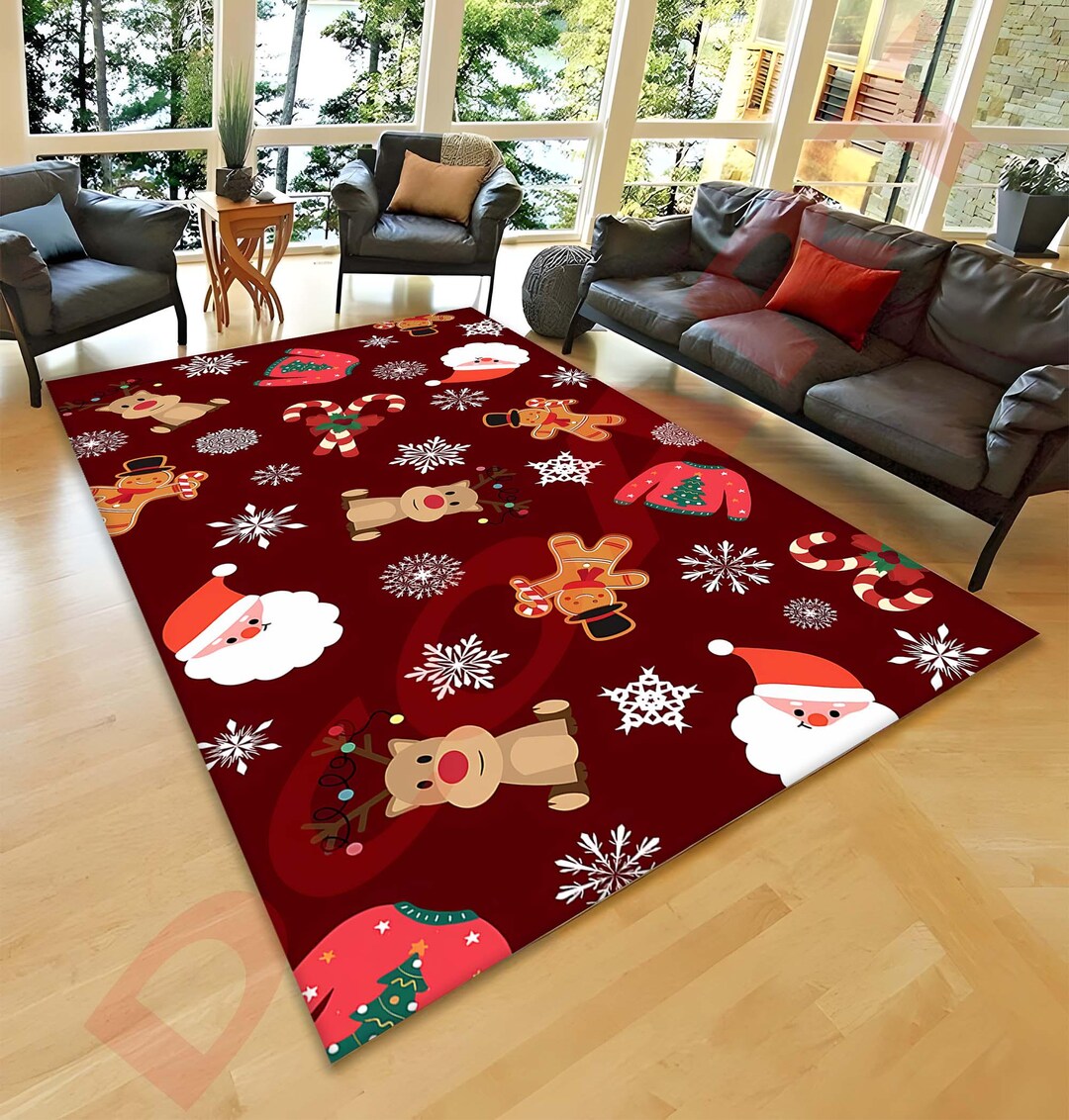 Red Christmas Rug With Santa, Reindeer & Gingerbread - Festive Holiday ...