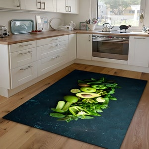 Vivid Color Printed Kitchen Rug, Machine Washable Non-Slip Kitchen Rug, Fresh Green Fruits and Vegetables, Gift For Kitchen