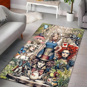 Alice In Wonderland Fantasy Area Rug, Customizable Mad Hatter Wonderland Themed Rug for Living Room, Bedroom, Whimsical Gift, Cozy Decor