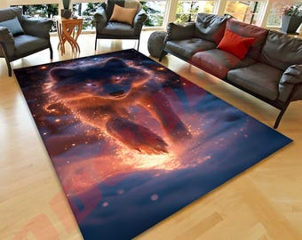 May include: A dark blue rug with a fiery orange wolf running through a field of sparkling snow. The wolf's eyes glow with a bright orange light.