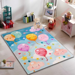 Bonita alfombra infantil con forma de globo, alfombra infantil con nubes de colores, tapete de juego con globos sonrientes, alfombra suave para habitación de bebé, decoración divertida de piso con dibujos animados para niños pequeños