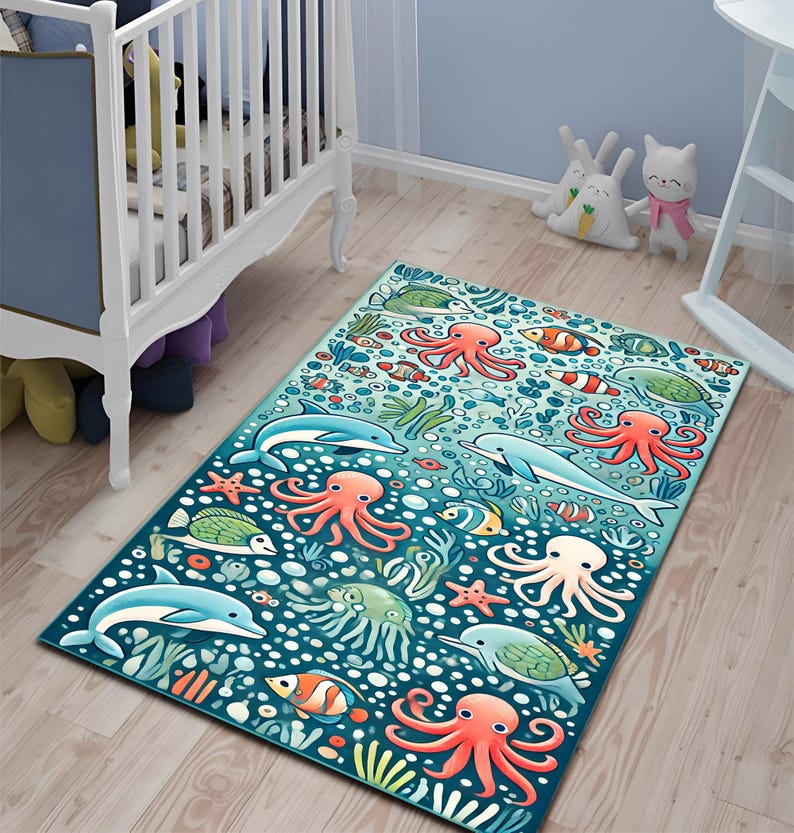 Ocean Theme Rug Sea Creatures Rug, Ocean Theme Kids Room Decor, Playful Marine Life ...