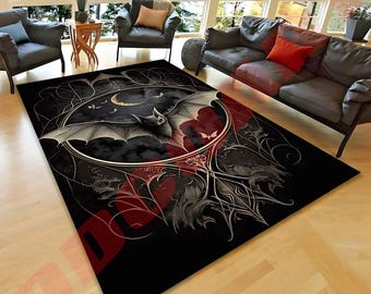 Gothic Bat & Crescent Moon Rug: Dark Fantasy Halloween Decor