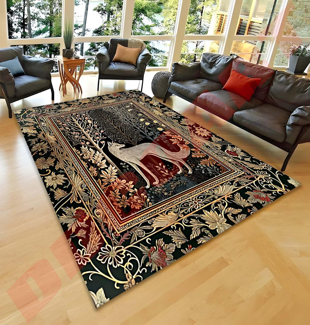 Woodland Wolf Area Rug: Cottagecore Bohemian Decor - Etsy