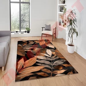 Nature-Inspired Leaf Motif Rug, Earthy Tones Botanical Design Modern Organic Decor for Living Room or Bedroom, Tropical Area Rug