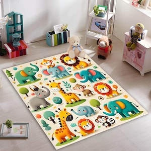 Bonita alfombra de animales para niños, colorida alfombra de animales de dibujos animados para la decoración de la habitación de los niños, alfombra de sala de juegos para niños con adorables figuras de animales
