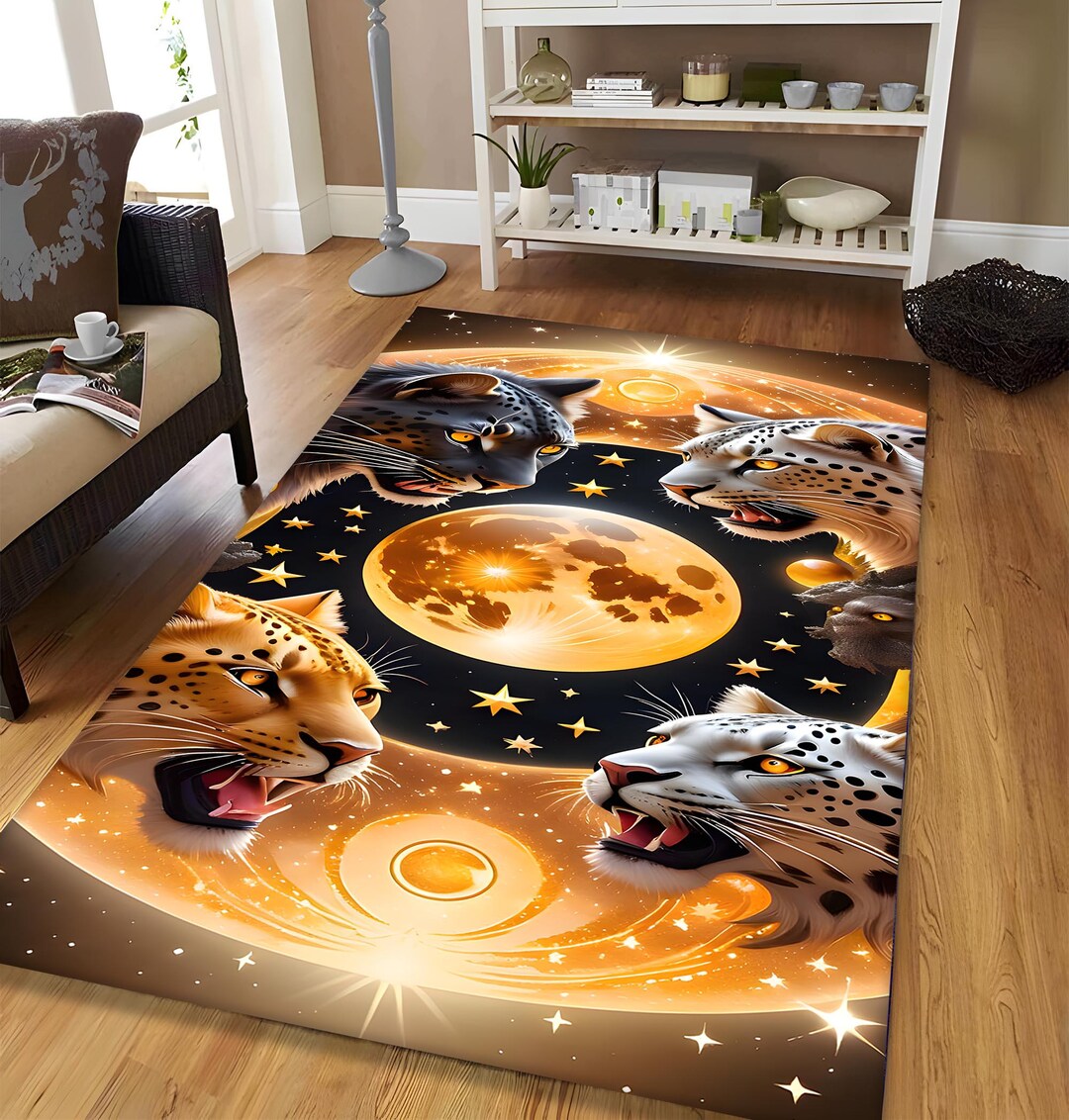 Moon Face Rug Leopard Moon Phase Rug: Mystical Astrology Animal Carpet - Etsy