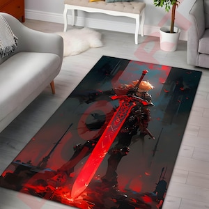 Zelda-Inspired Hero Rug, Dark Fantasy Gaming Rug, Large Area Rug for Gamer Room Decor, Unique Gift for Zelda Fans, Epic Dark Fantasy Gaming