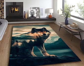 Majestic Wolf Rug: Forest Mountain Animal Theme, Rustic Cabin Decor