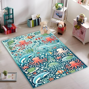 Sea Creatures Rug, Ocean Theme Kids Room Decor, Playful Marine Life Design for Nursery or Playroom, Children's Room Decor, Kids Playroom Rug