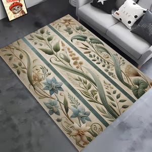 May include: A beige and green floral patterned rug with a light blue stripe design. The rug features a variety of flowers and leaves in a vintage style.