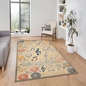 Elegante alfombra con notas musicales, perfecta para amantes de la música, moderna alfombra pastel con diseño de notas musicales, colores suaves, alfombra con temática musical