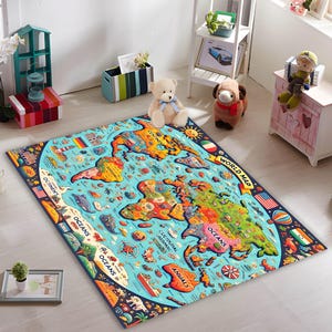 Weltkarte Teppich für Kinder, Bunte Geographie Lernmatte für Kinderzimmer Dekor, Kinder Weltkarte Teppich, Cartoon Weltkarte