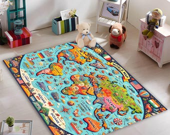 May include: A colorful world map play rug with a blue background. The rug features continents, oceans, animals, and the words "World Map", "Continents", "Oceans", "Animals", and "Cultural Heritage".