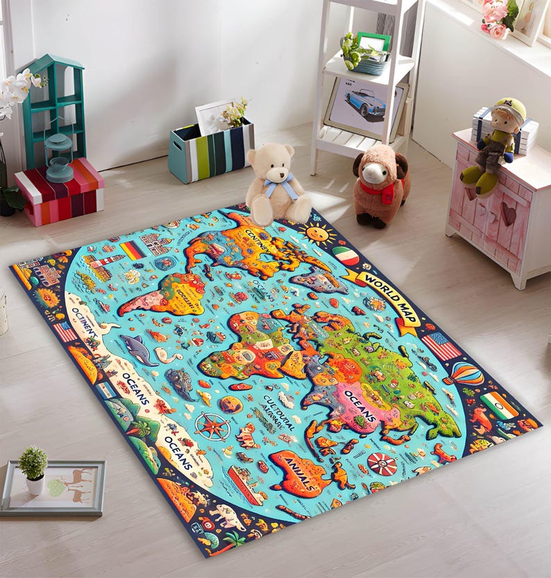 Educational World Map Rug: Colorful Kids Geography Learning Mat - Etsy