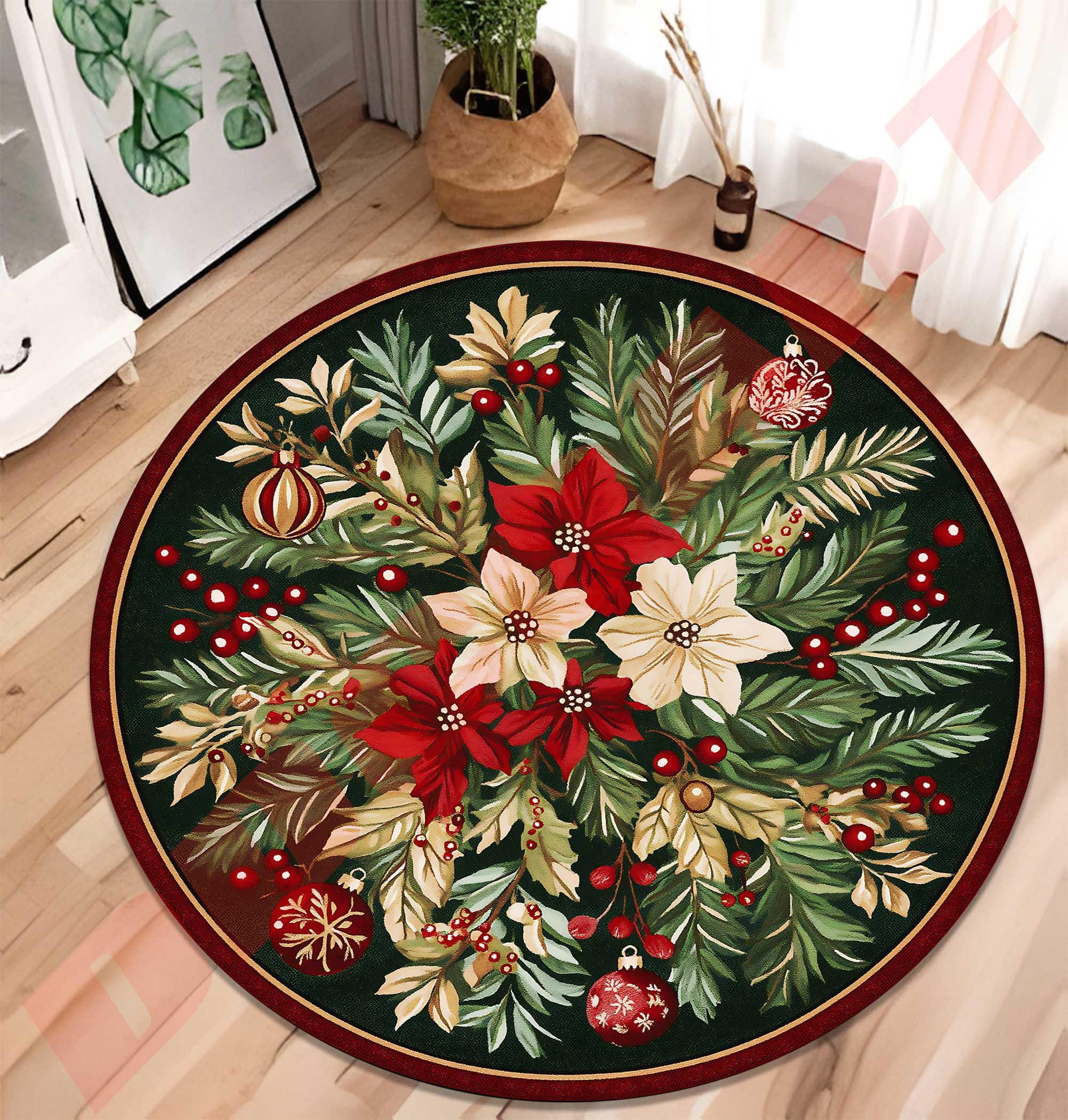 Christmas Poinsettia Round Rug: Festive Holiday Floral Carpet - Etsy