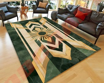 Emerald Green Art Deco Rug, Geometric Sunburst Design, Vintage Style Area Rug