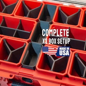 May include: A red storage box with multiple compartments and black dividers. The image includes the text "COMPLETE X3 BOX SETUP" and a "Made in USA" graphic with the American flag.