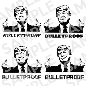 May include: Black and white image of a person giving the middle finger with the text "Bulletproof" below. The image is repeated four times.