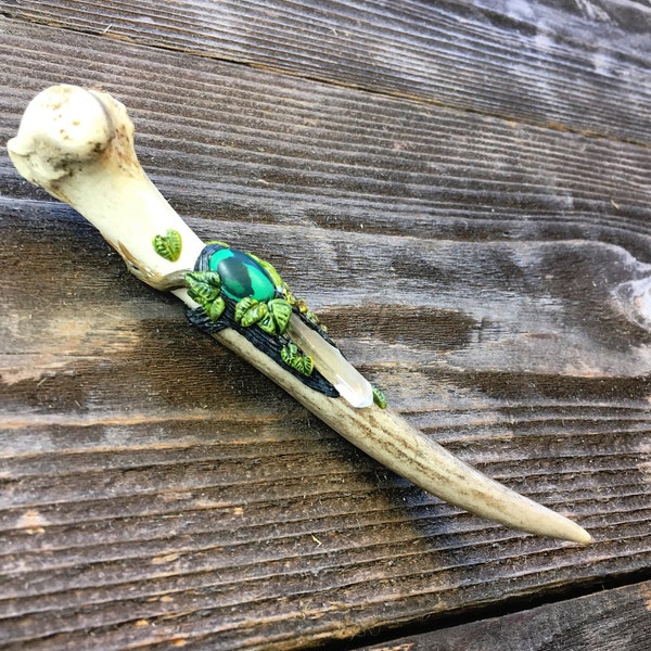 Antler Bone Dual Deer Crystal Quartz Point & Malachite Wand -  For the Traveling Witch!