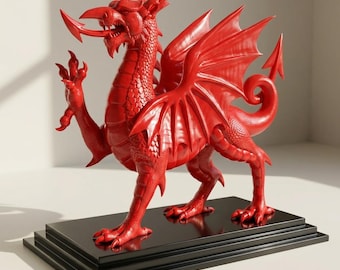 Standbeeld van de Welsh Dragon – Gedetailleerde 3D Red Dragon of Wales op zwarte displayvoet