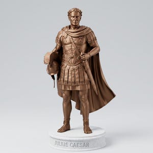 May include: A bronze-coloured statue of Julius Caesar standing on a circular white base with the name JULIUS CAESAR printed on the front. The figure wears Roman military armour, a cloak, and sandals, while holding a helmet in the right hand.