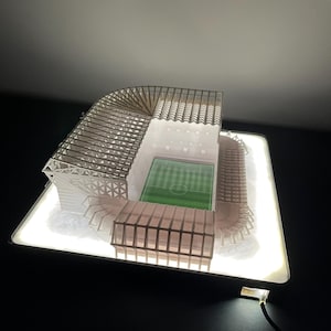 Newcastle United St. James Park replica model at 1:1000 scale with frame + lightbox