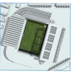 May include: An overhead architectural rendering of a stadium with a green field. The stadium has white seating areas, a curved roof, and rectangular structures. The overall design is modern and minimalist, with a focus on functionality.