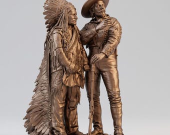 Standbeeld van Sitting Bull en Buffalo Bill - plastic beeld met bronseffect