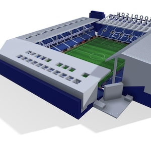 May include: A 3D rendering of a stadium with a green field and blue seating. The stadium has a white roof and blue exterior walls. The text "GOODISON" is visible on the roof, and "EFC" is on the seating.