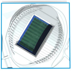 May include: An overhead architectural rendering of a stadium. The stadium features a green field with white markings, surrounded by seating and a transparent roof. The design is primarily white and blue.