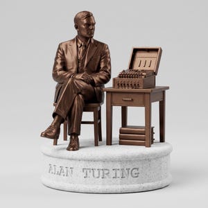 May include: A bronze-colored figurine of Alan Turing seated on a chair next to a small table with an Enigma machine and three stacked books. The entire sculpture rests on a circular white base with the name ALAN TURING engraved on the front.