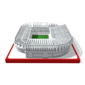 May include: A 3D model of a stadium with a green field and white seating. The stadium has a complex roof structure and is set on a red base. The overall design is modern and architectural.